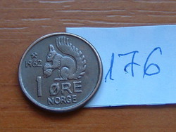 NORVÉGIA 1 ÖRE 1962 Bronz, Olav V, MÓKUS Pénzverde Norvégia Kongsberg 176.