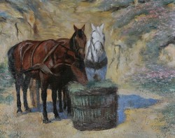 Zombory Lajos (1867-1933): Szénát legelésző lovak