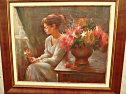 "Elmélkedve" festmény női portré virággal Czinege Zsolt  79x69 cm. Gyönyörű