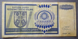 Horvátország Krajinai Szerb Köztársaság 10 millió Dinara 1993 F-