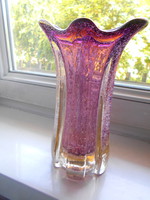 Antik. vastag,színátmenetes , buborékos  üvegből váza (1792 g) -szép kézműves darab