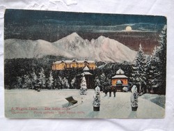 Antik képeslap Magas Tátra Palota Szálloda havas hegyek, tél, telihold 1929