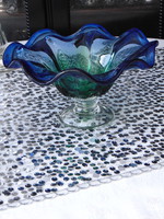 Régi kézműves kék / zöld üveg gyümölcsös tál