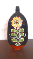 Hejőszalontai, folk handicraft ceramic bottle, bottle with black glaze, hand painted, with text