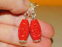 Carved cinnabar rose earrings