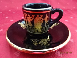 Greek glazed ceramic coffee cup + saucer with gold motif. He has!