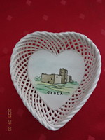 Bodrogkeresztúr glazed ceramic, hand-painted heart-shaped table centerpiece with wicker border. He has!