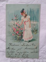 Antik, szecessziós litho/litográfiás képeslap/üdvözlőlap, hölgy fehér ruha, rózsa 1900