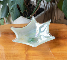 Hatalmas jelzett Murano asztalközép - üveg tál, kínáló - zöldes sárgás csillag forma