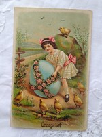 Antik, litho/litográfiás képeslap/üdvözlőlap, Húsvét, kislány, csibe, tojás 1919