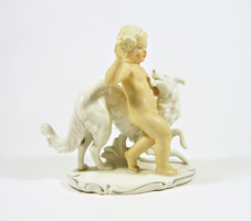 Schaubach kunst, putto little boy with English greyhound 15 cm porcelain figurine, flawless! (P189)