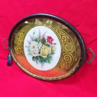 Antique hand painted wooden tray with inserts and handles.