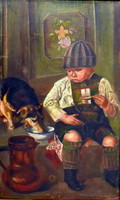 Boy with a dog! 1917 Es dating oil on canvas painting!