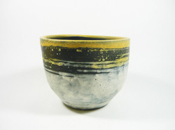 Gorka lívia, retro 1960 yellow, black & gray 16.5 Cm artistic ceramic pot, flawless! (G056)