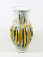Gorka lívia, retro 1960s black and beige striped pattern artistic ceramic vase, flawless! (G036)