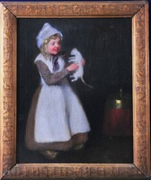 Unknown artist, little girl playing with cat