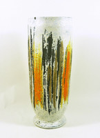 Gorka lívia, retro 1960s orange and brown striped white artistic ceramic vase, flawless! (G073)