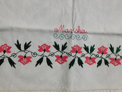 Antique embroidered linen towel with the inscription mariska