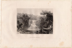 Clyde vízesések, acélmetszet 1843, Payne's Universum, eredeti, 10 x 14, metszet, Skócia, vízesés