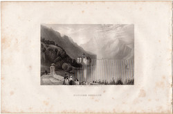 Chillon vára, acélmetszet 1843, Payne's Universum, eredeti, 10 x 16, metszet, Svájc, Genfi tó, vár