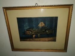 Nyári Lóránt - Halászbárkák - csodás akvarellel festett rézkarc, ritka! - 1 forintról!
