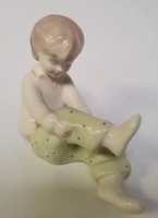 Aquincum porcelain figurine, sitting pigtailed little girl sculpture in polka dot pants