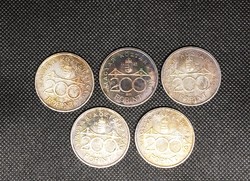 5 Silver 1992 Hungarian 200 ft coins