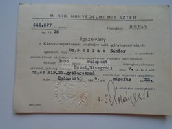 G21.511 Károly-csapatkereszt viselésére jogosító igazolvány, 1939 Budapest Dr. Szilas Sándor