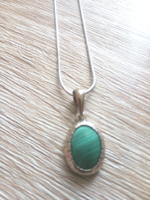 Marked silver chain with silver mineral malachite pendant