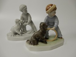 2 db-os Zsolnay porcelán, "Sinkó András" Kutyával játszó kisfiú