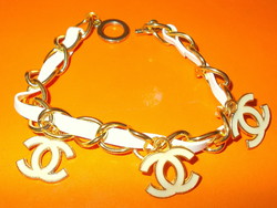 Snow White - Gold Shiny Chanel Replica Leather Metal Bracelet with 3 Chanel Charm Pendants