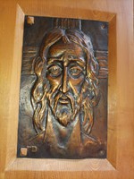 Bronze plate mural with a sign depicting Jesus in a wooden case 33x22cm