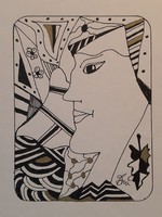Original Károly Szász István Abstract Ink Drawing Graphic in Black, White, Gold, and Color