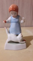 Zsolnay Sinkó cicával játszó porcelán kislány figura, nipp,  nagyon szép