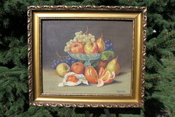 Jelzett olaj,vászon festmény (Kocsis) - "Gyümölcsök!" -  asztali csendélet
