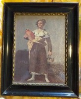 Canvas painting (or old litony print?) In wooden frame, Replica of the famous goya painting (jar girl)