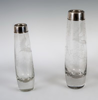 Silver neck polished glass vases with bird scene (smaller)