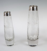 Silver neck polished glass vases with bird scene (larger)