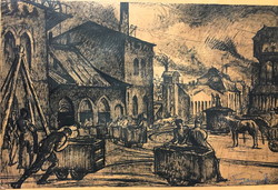 GEBAUER ERNŐ (1882 - 1962 ): Csille vontatók, Kerettel :59 x 84 cm,tus,szén-papír