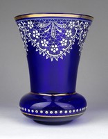 1G039 Régi csipkedíszes kék színű parádi üveg váza 13.5 cm