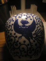 Antique Asian Transparent Sapphire Blue Porcelain Vase in Perfect Condition, 11 cm, Rare Large Bird on Top with Small Bird Between Wings
