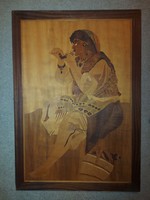 Large, wood-inlaid image with the well-known smoking gypsy girl theme, 80x56 cm