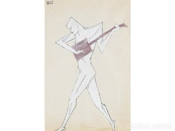 Byssz Róbert( Berkenyéd, 1893 - Budapest, 1961 ): Táncos mandolinnal  tus, tempera, fedőfehér, papír