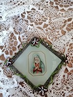 Antik, szélein gyöngyfűzött kis szentkép- Szűz Mária Ritka!