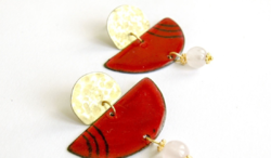 Fire enamel earrings with brass and rose quartz - burgundy gold earrings - modern jewelry