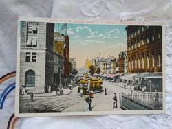 Antik színezett amerikai képeslap, Washington, F utca, korabeli járókelők, villamos, üzletek 1921