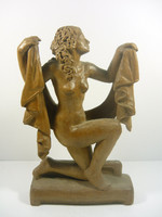 Posing naked lady 30.8 Cm signed hand-carved wooden sculpture, flawless! (F046)