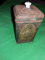 Antik pléh,fém kávés/cukros lemez doboz domború figura díszítéssel bakelit fedgombbal képek szerint