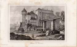 Vajdahunyad, steel engraving 1842, French, original, engraving, 10 x 16, Hunedoara, castle, castle, Timisoara