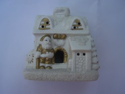 Candlestick cottage- Santa's visit painted gilded pottery. 12 X 10 x 7 cm